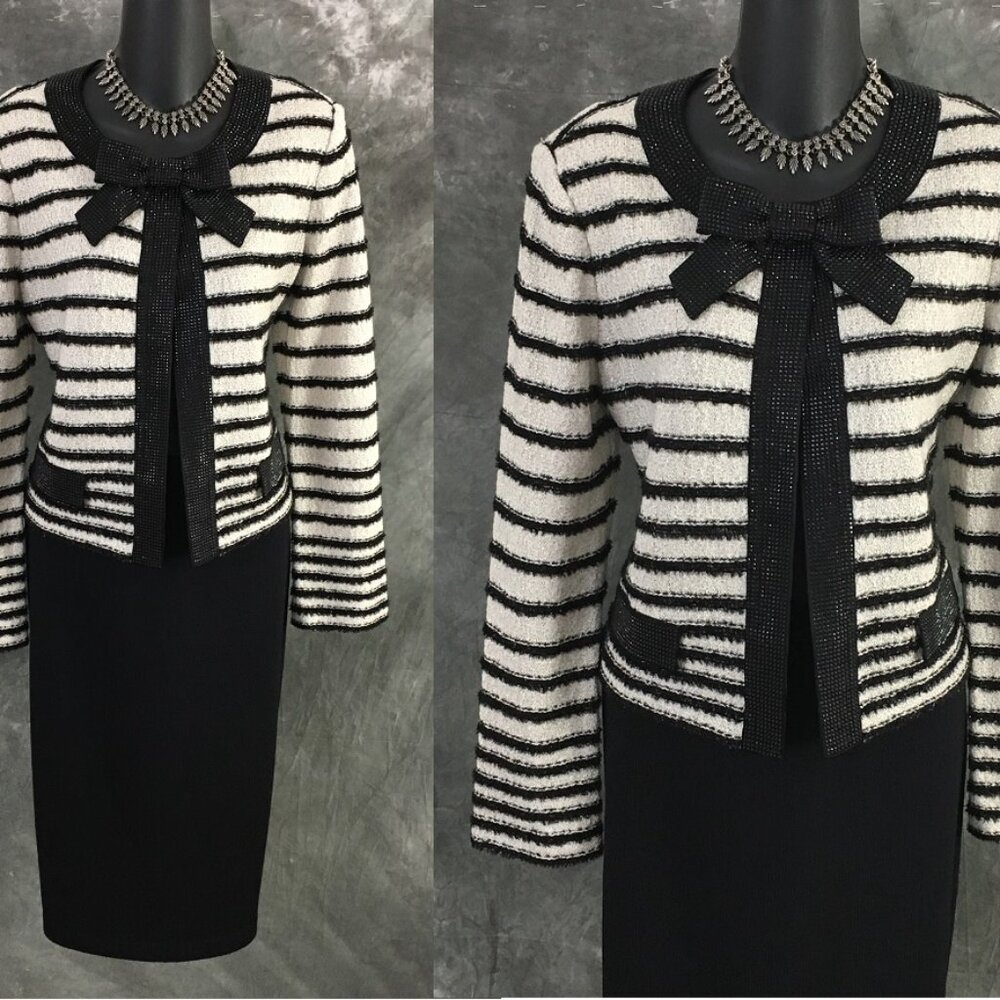 BEAUTIFUL st john evening knit black white multi embellished skirt suit size 6 8